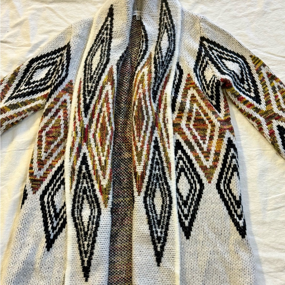 Woven Heart Aztec Cardigan Sweater M Boho Fall Layering 54% Cotton Acrylic EUC